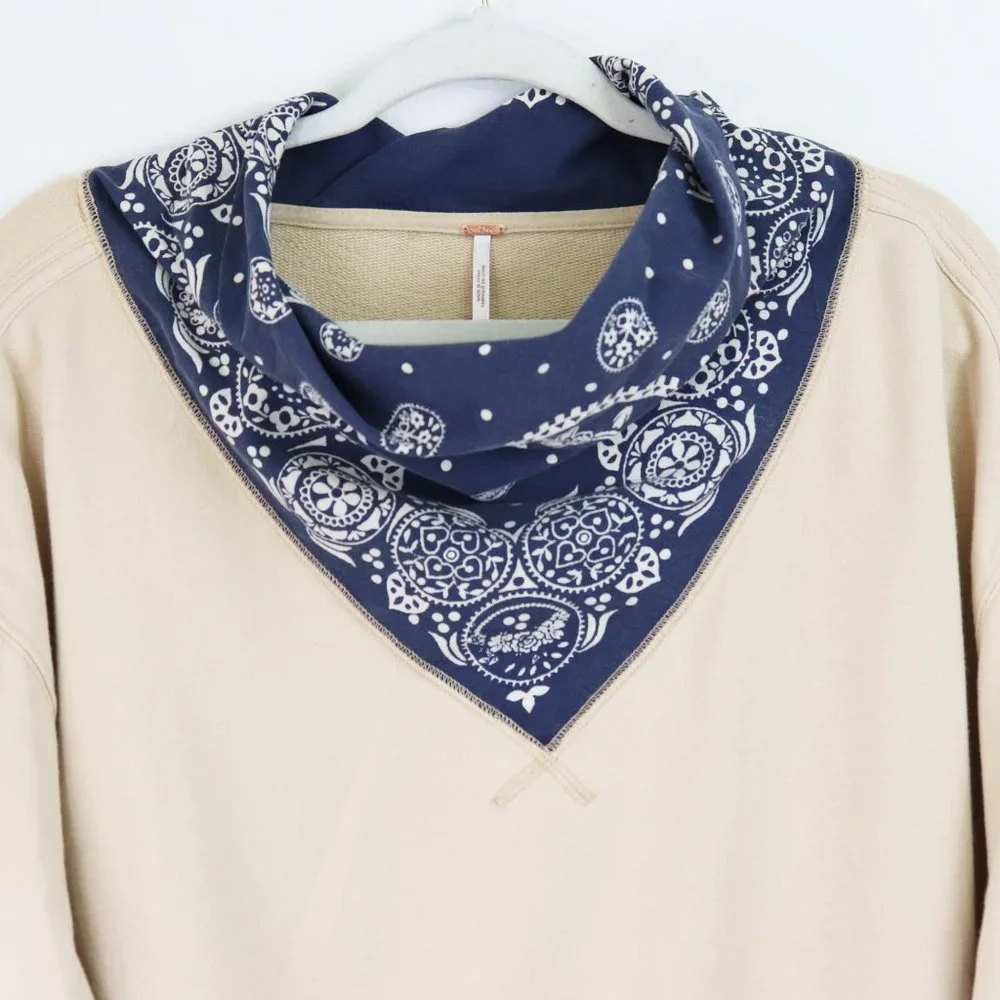 NWT Free People James Bandana Print Pullover Sweatshirt Ecru Ivory Navy Medium - Picture 7 of 11